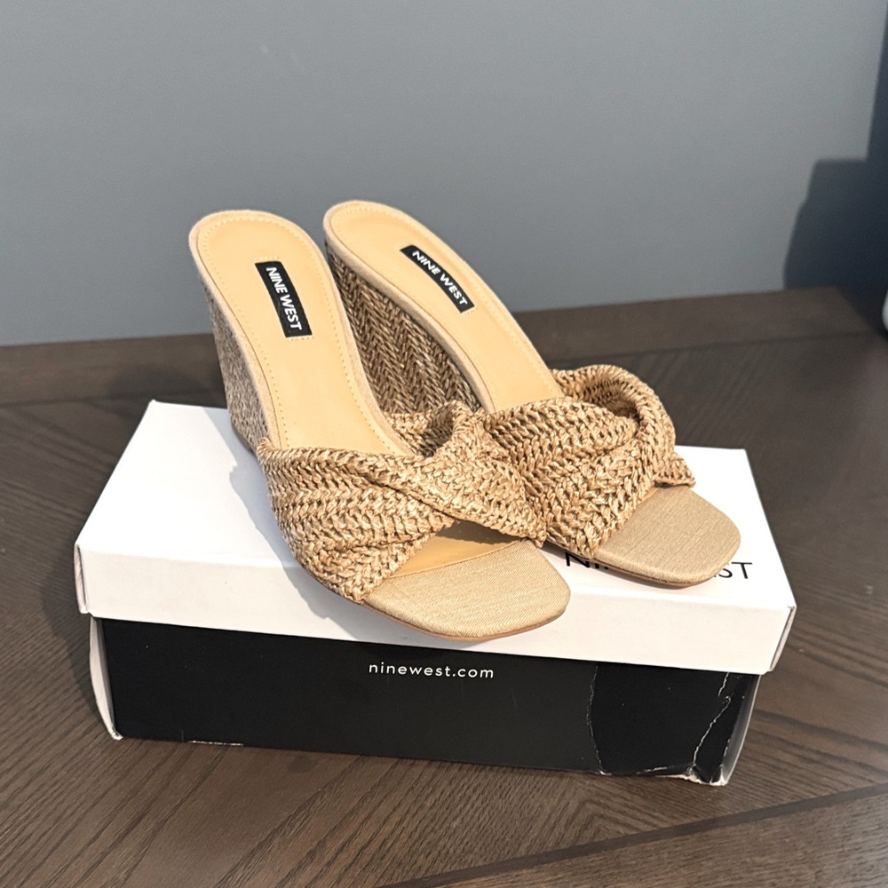 Nine West Beige Woven Wedge Sandals